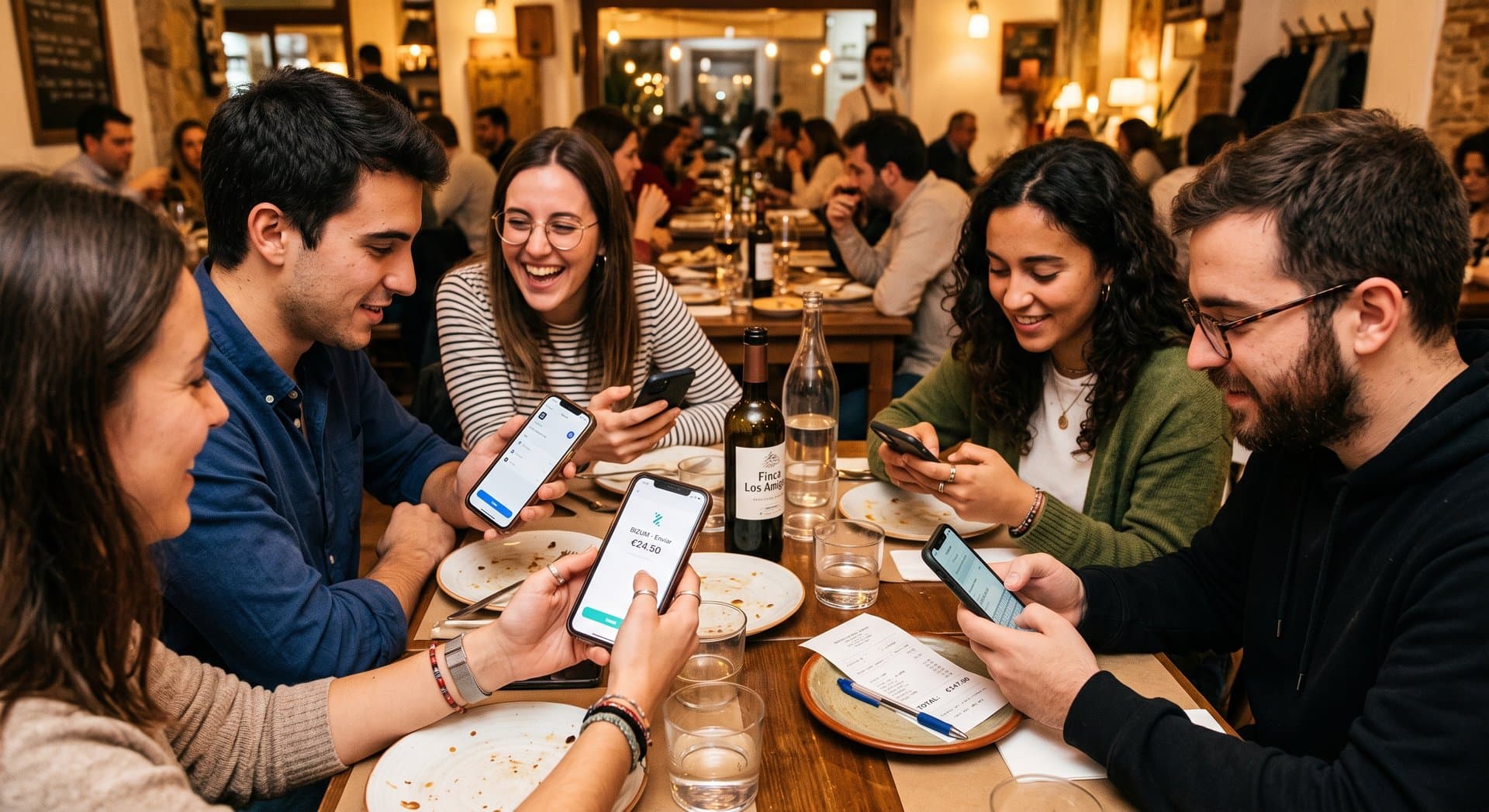 Gente comiendo y brindando en la mesa
